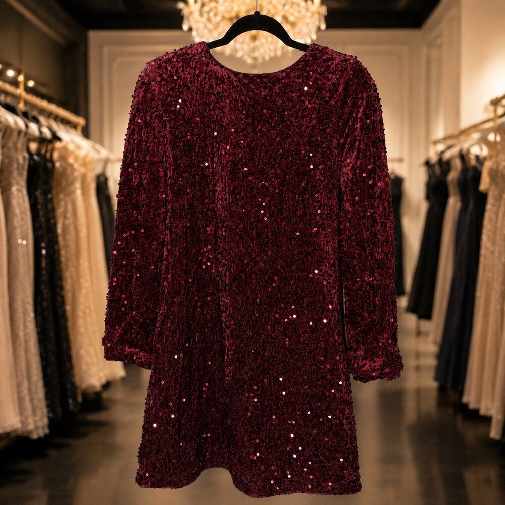 Vince Camuto Burgundy Velvet Sequin Long Sleeve Mini Cocktail Party Dress NWT